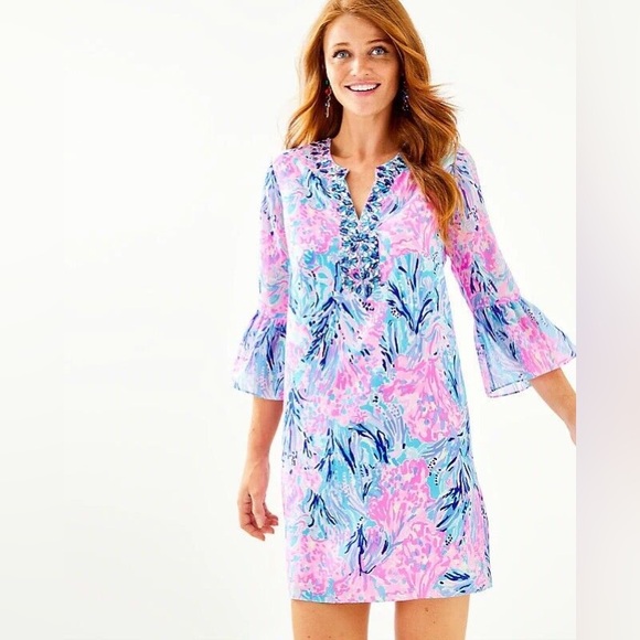 Lilly Pulitzer ELENORA SILK DRESS Periwinkle Purple Fan Sea Pants M - Picture 11 of 11